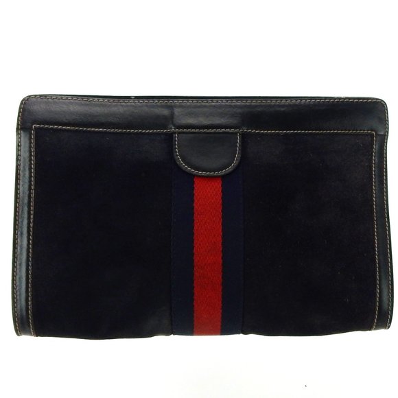 Vintage GUCCI Web Suede Leather Cosmetics Toiletry Bag Italy - Picture 1 of 8